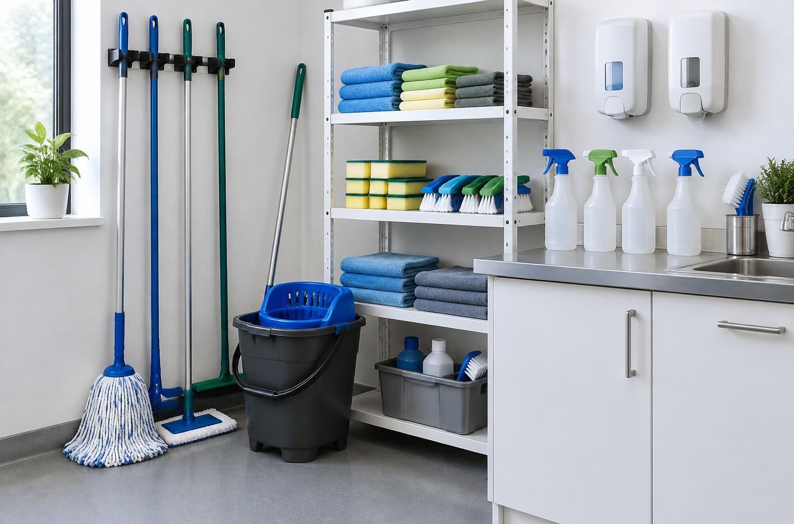Mops, bucket, microfiber cloths, sponges, brushes, dispensers, and spray bottles