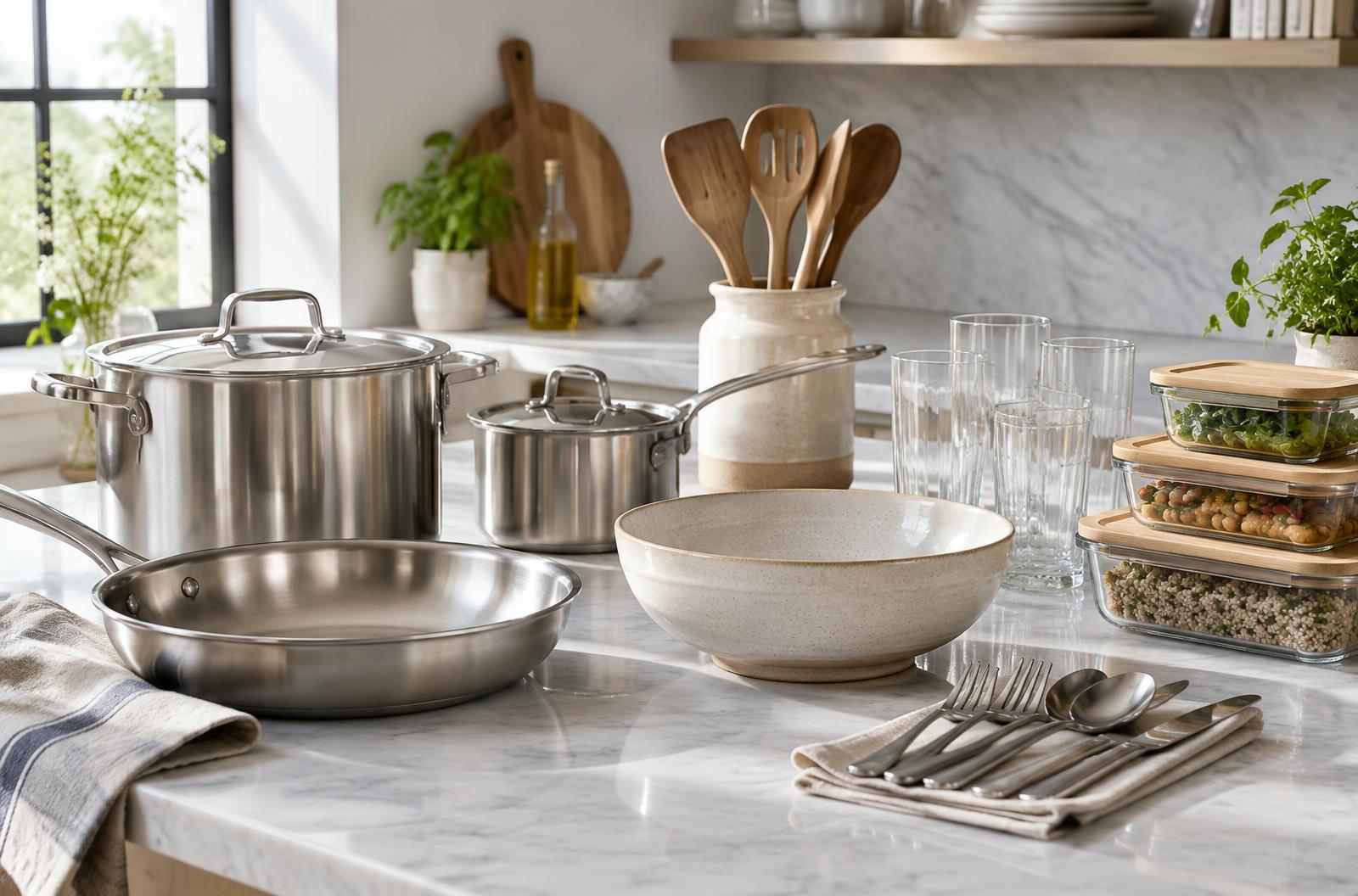 Stainless cookware, wooden utensils, glassware, storage containers, and cutlery