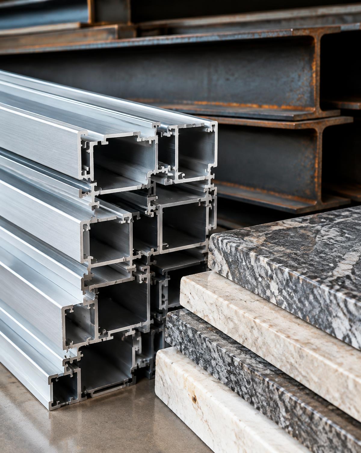 Aluminum extrusions, steel beams, and stone slabs