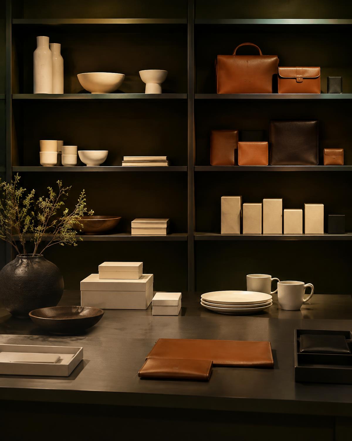 Ceramics, leather goods, and packaging on showroom shelving