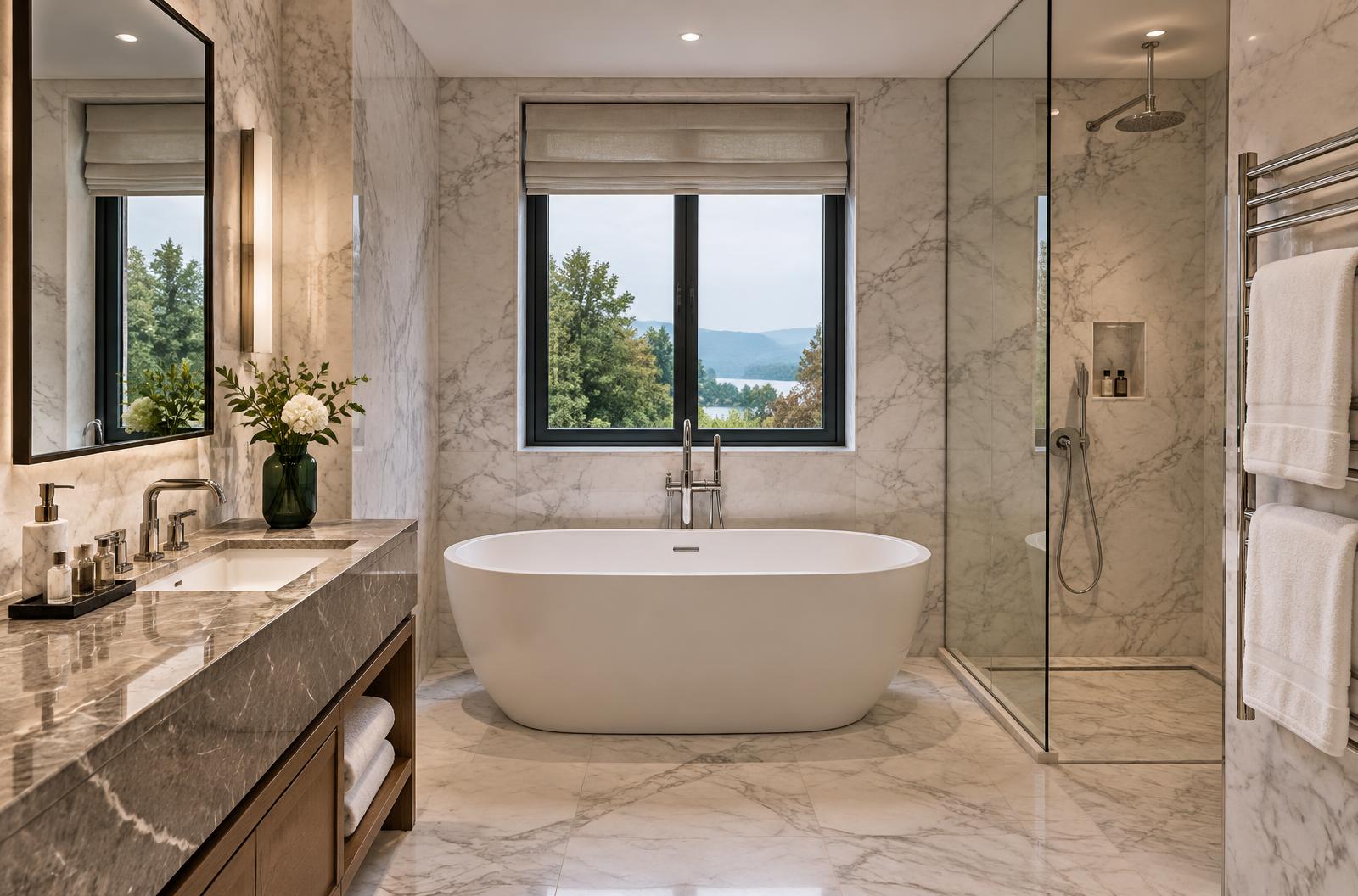 Hotel bathroom with stone vanity, freestanding tub, glass shower, and towel rail