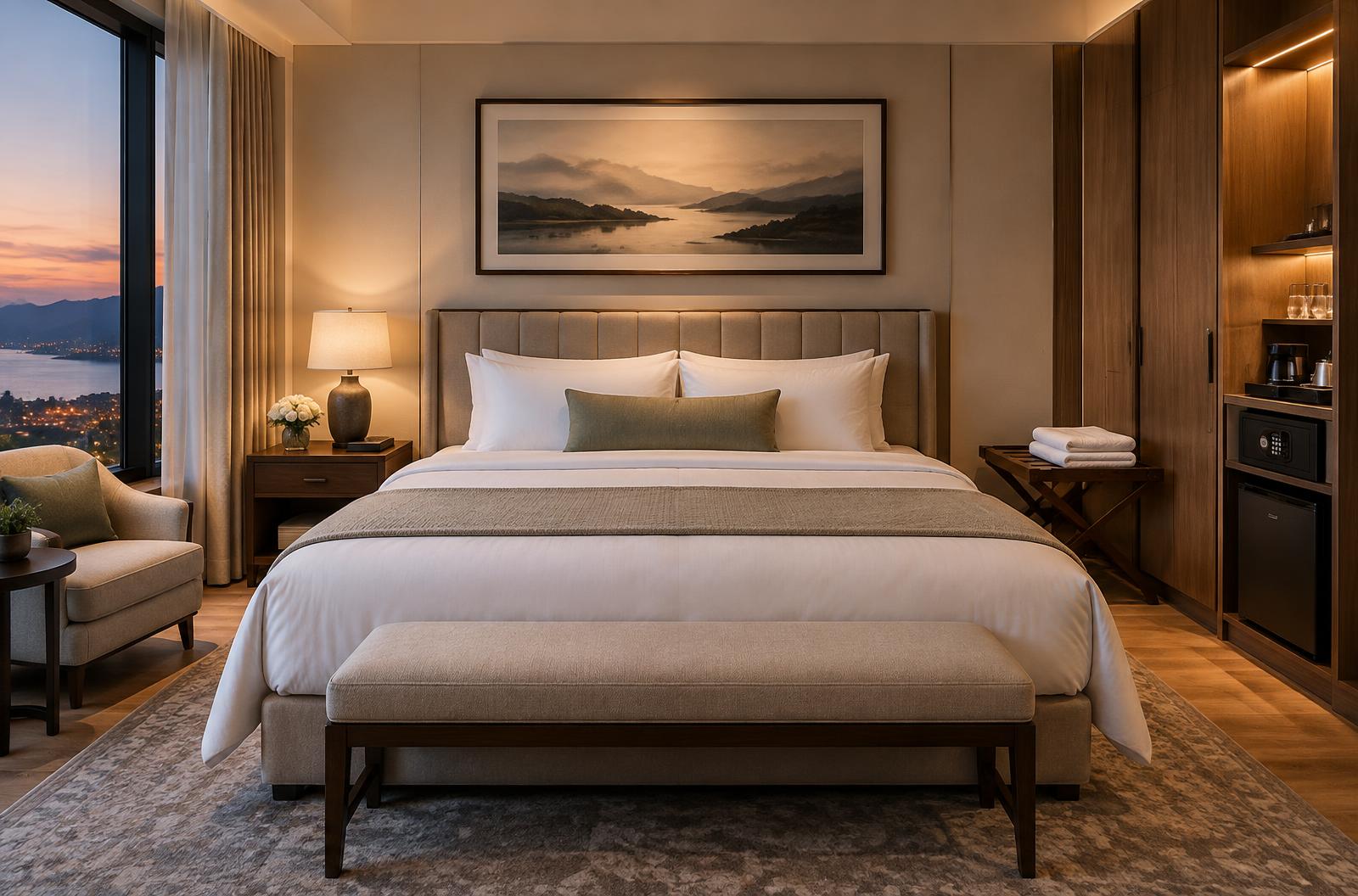 Hotel guestroom with king bed, luggage rack, folded towels, safe, and minibar