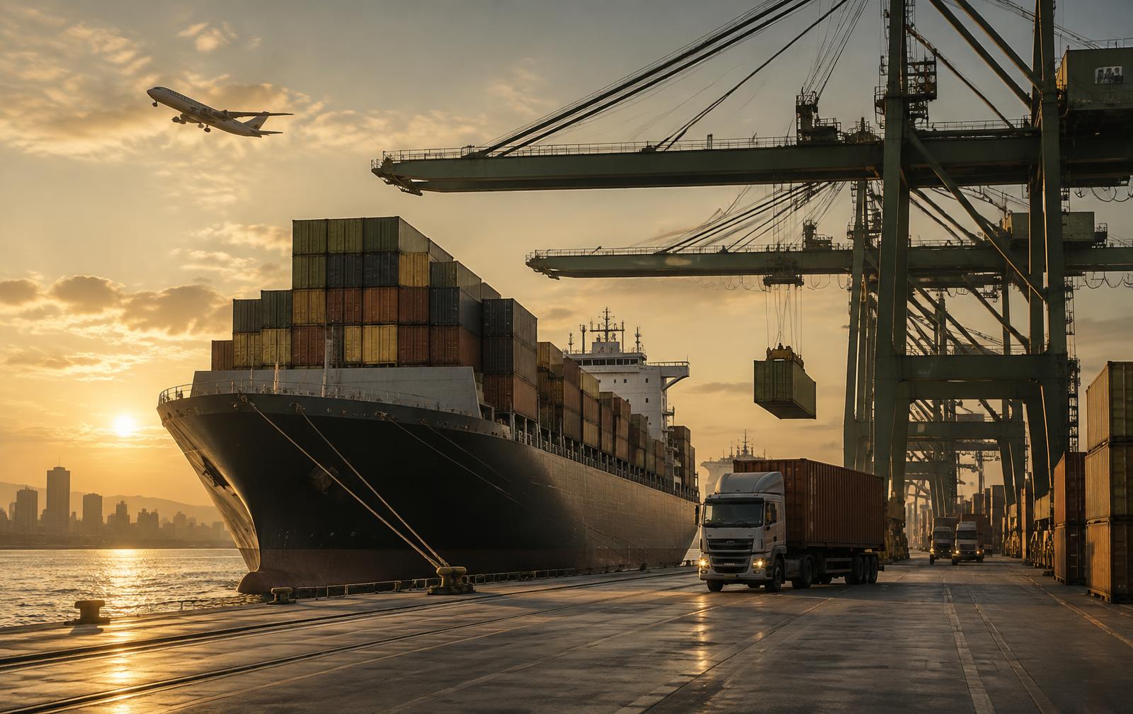 Container ship alongside cargo cranes at an international shipping port