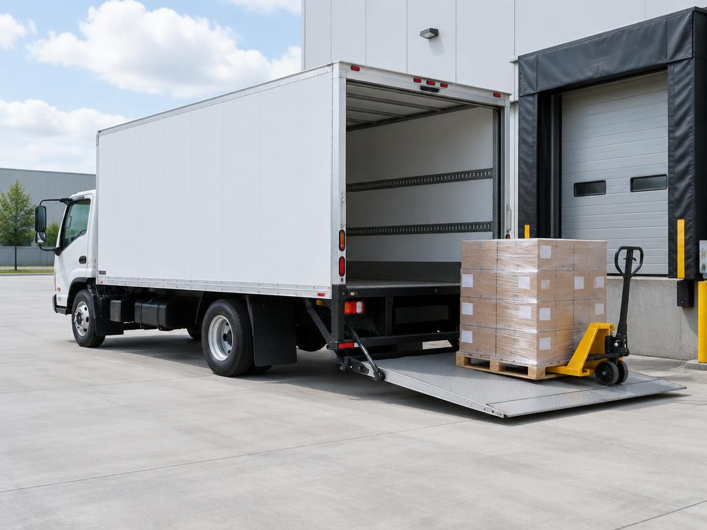 Delivery truck with a pallet of wrapped cartons and pallet jack on its lowered liftgate