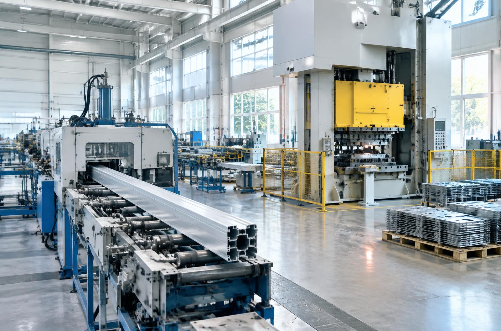 Aluminum extrusion line and stamping press on a factory floor