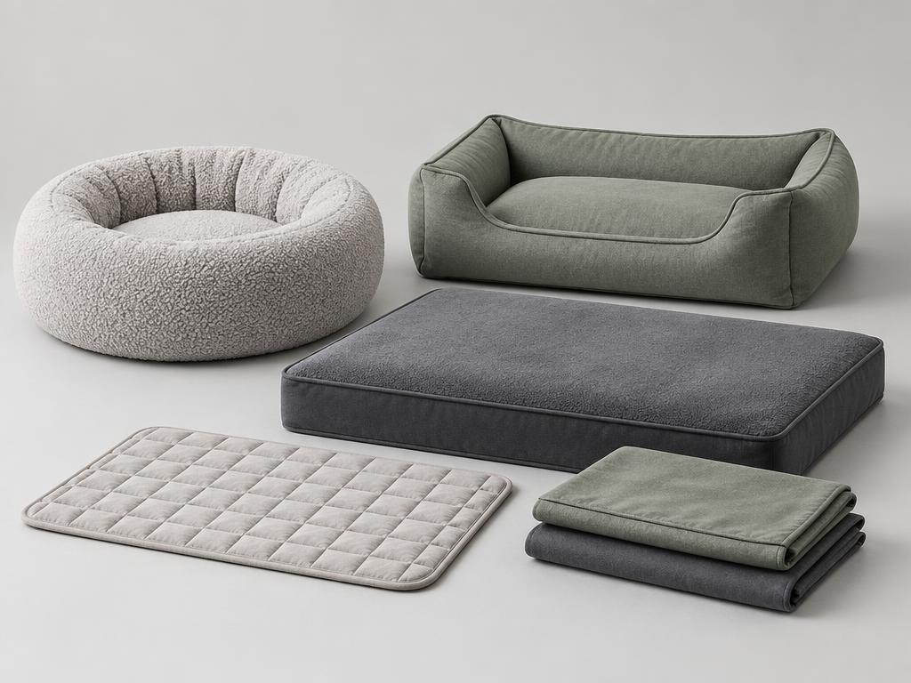 Round boucle pet bed, canvas bolster bed, orthopedic mattress, quilted crate mat and folded removable covers