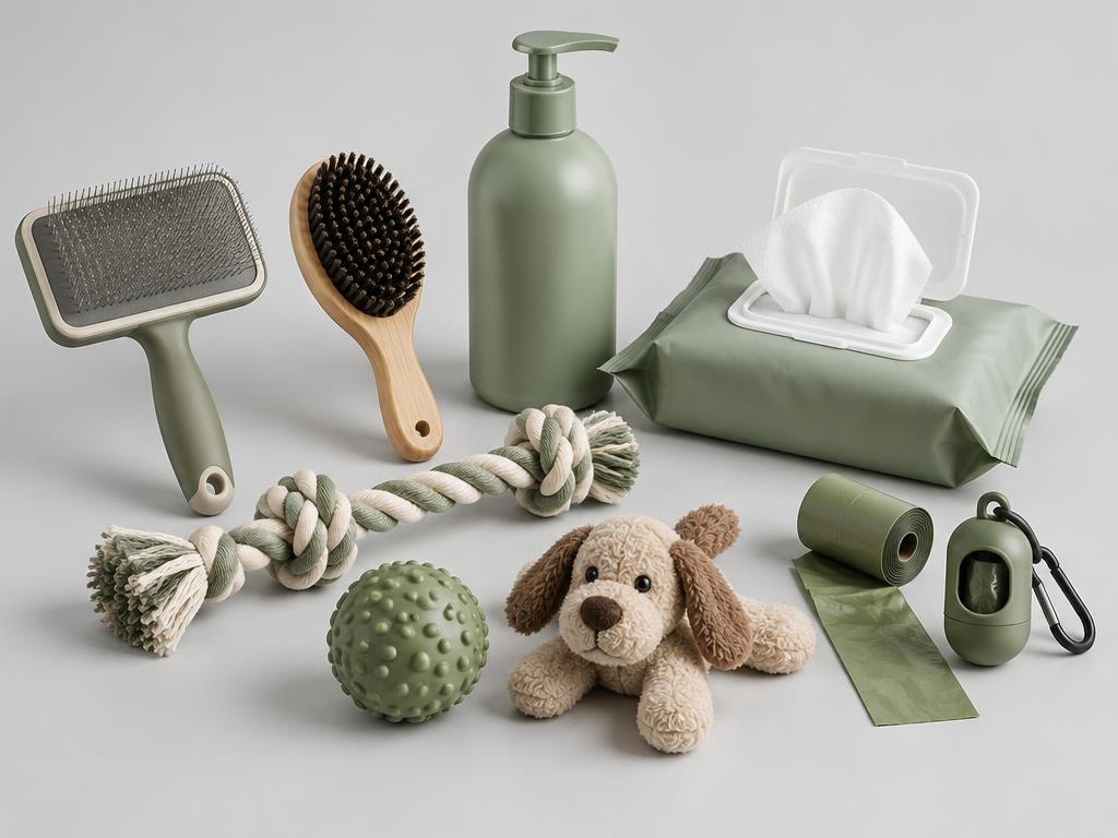 Pet grooming brushes, shampoo and wipes alongside rope and plush toys, rubber ball, waste bags and clip-on dispenser