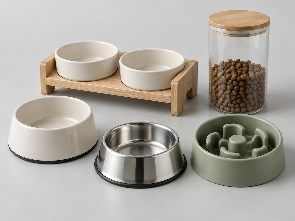 Ceramic and stainless steel pet bowls, elevated wooden feeder, sage slow-feeder bowl and airtight kibble storage