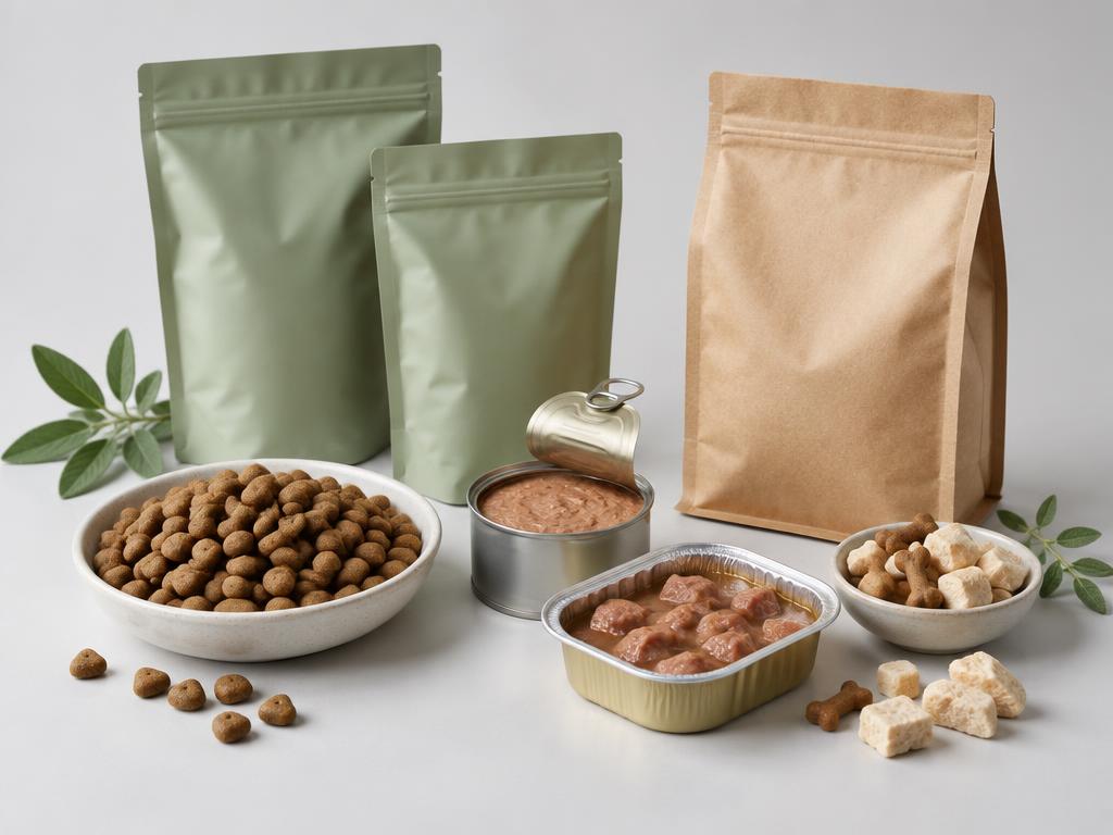 Dry dog and cat kibble, opened wet-food can and tray, food pouches, treats and freeze-dried toppers