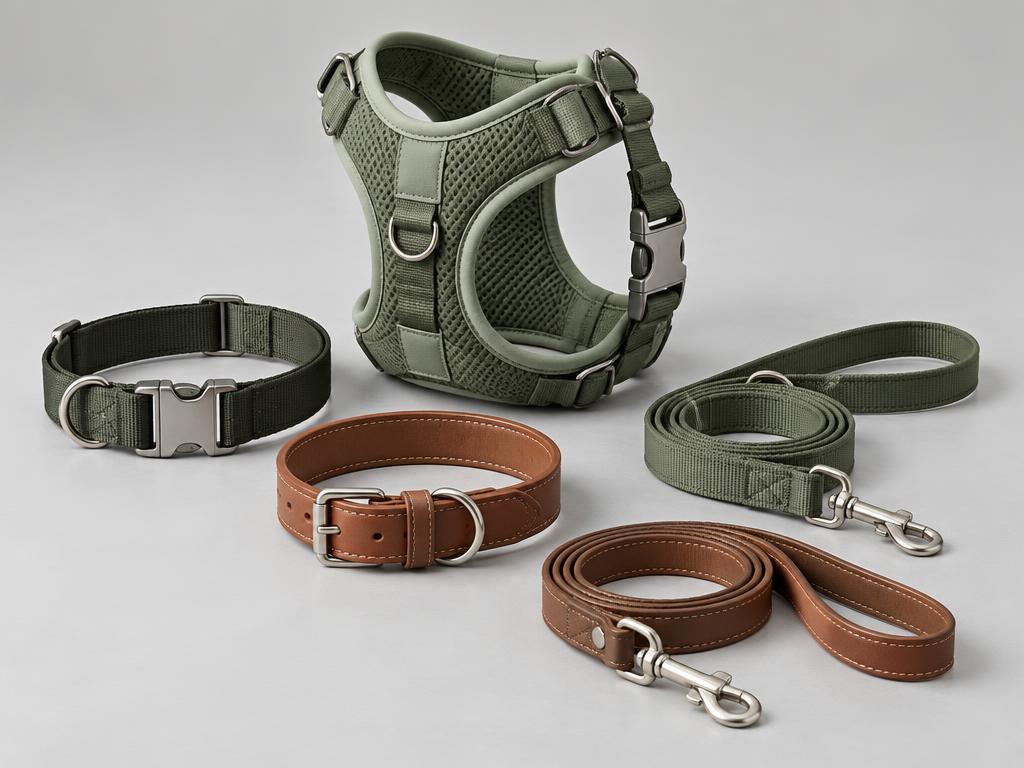 Padded mesh dog harness, leather and nylon collars, and matching leashes with metal buckles and clips