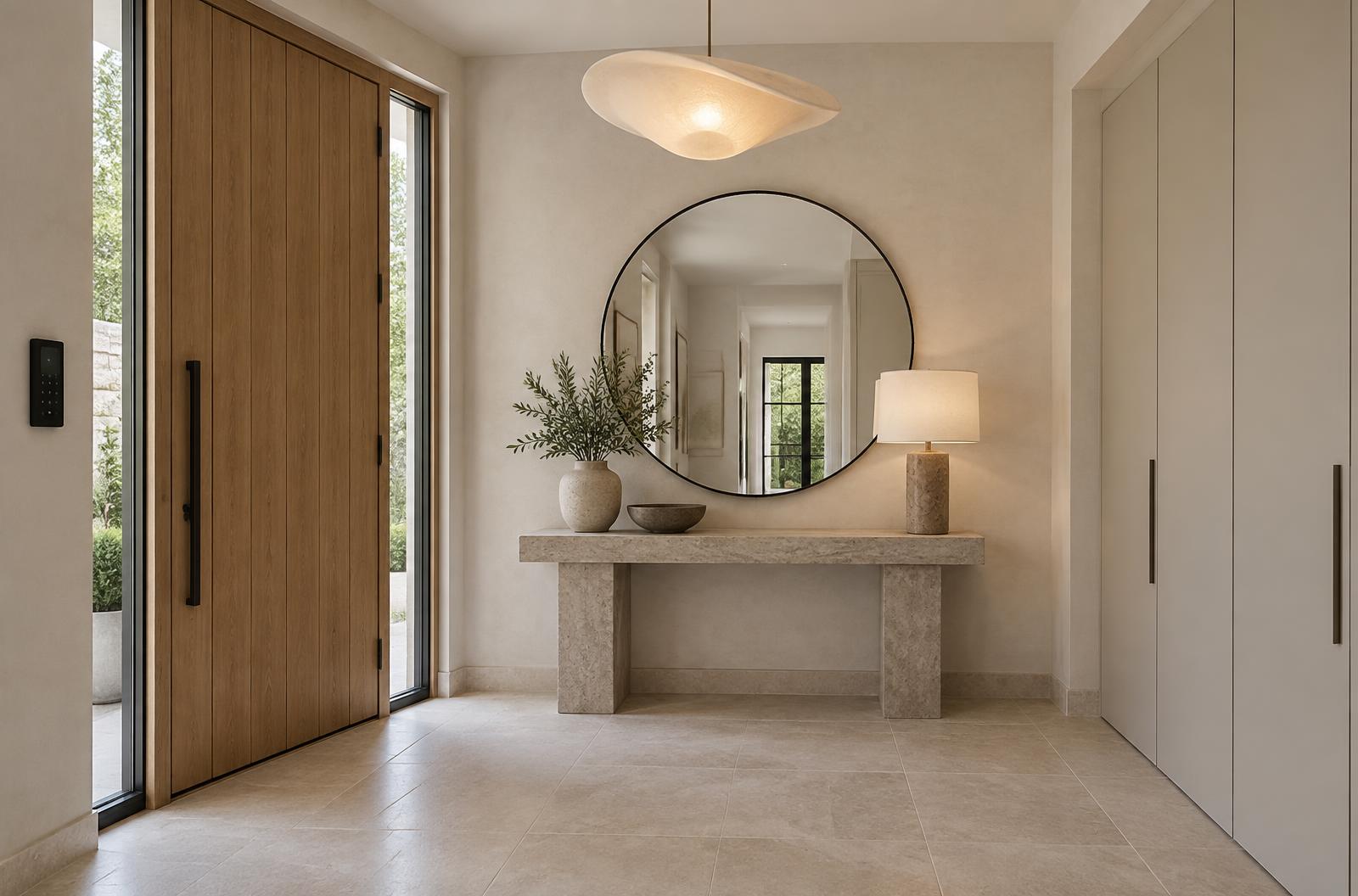 Residence entrance with oak pivot door, stone console, round mirror, and pendant