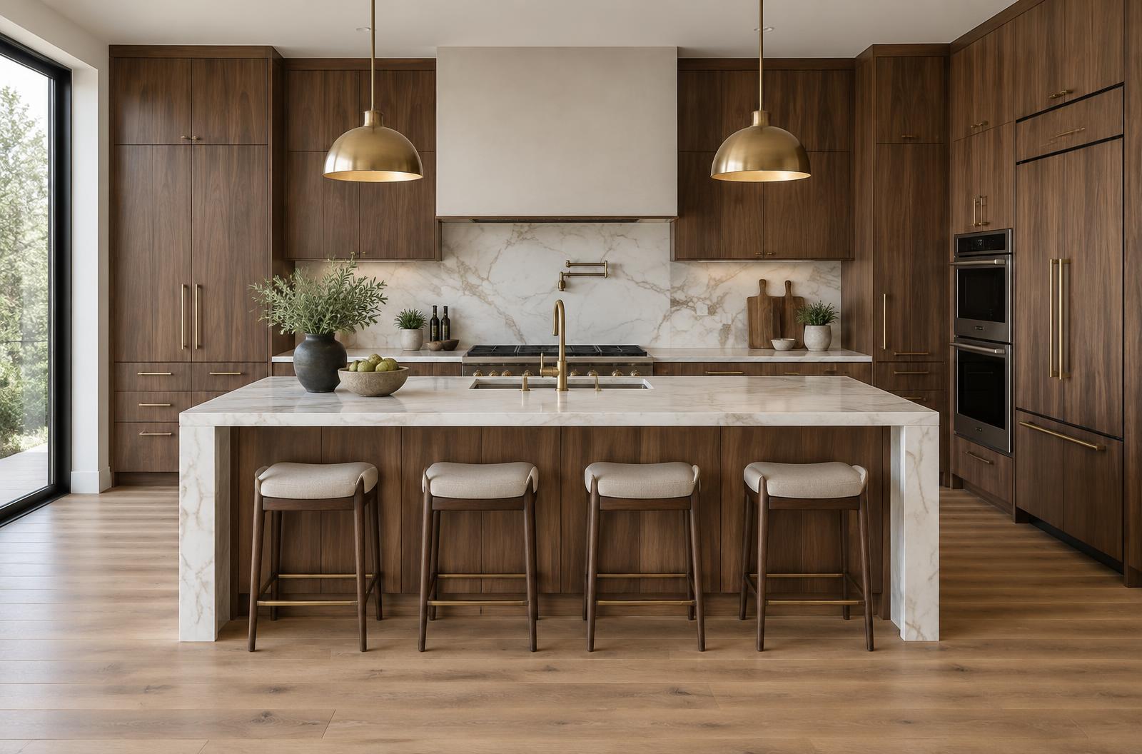 Luxury kitchen with walnut cabinetry and marble island