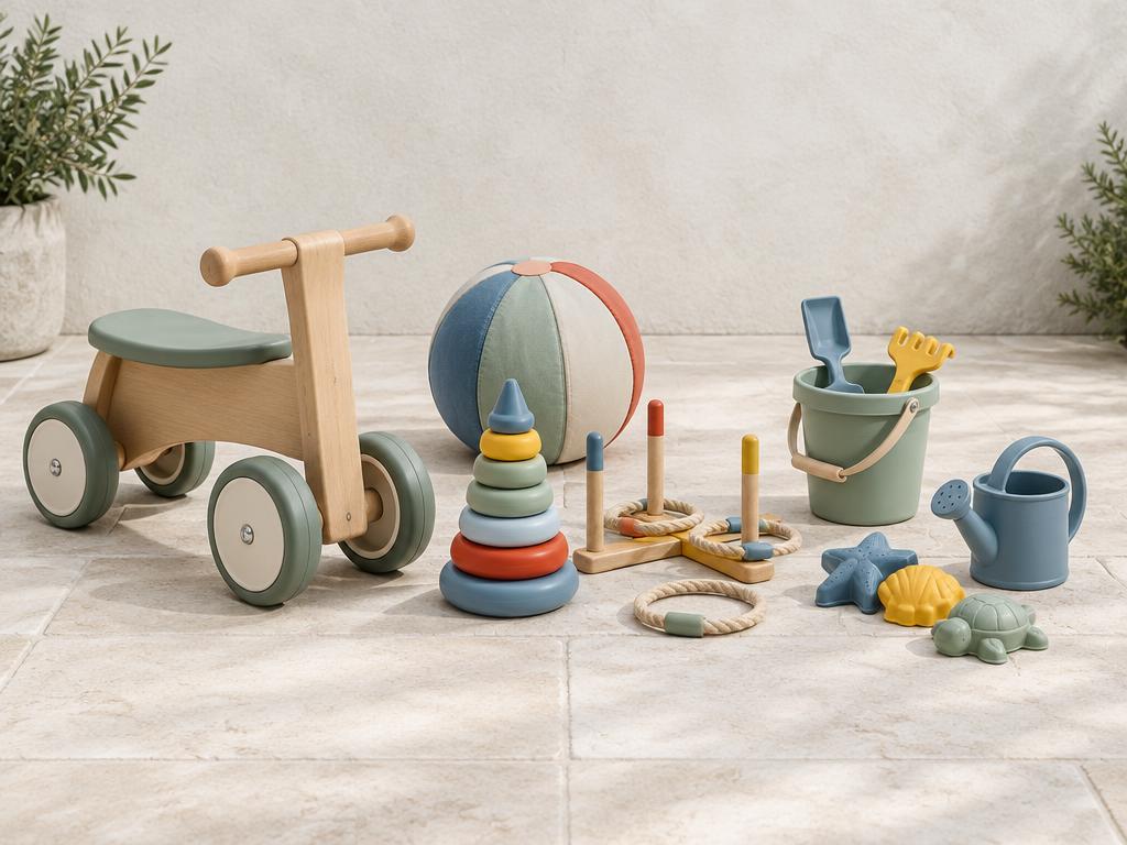 Wooden ride-on toy, soft play ball, ring-toss set, sand bucket with shovel and rake, sand molds and toy watering can
