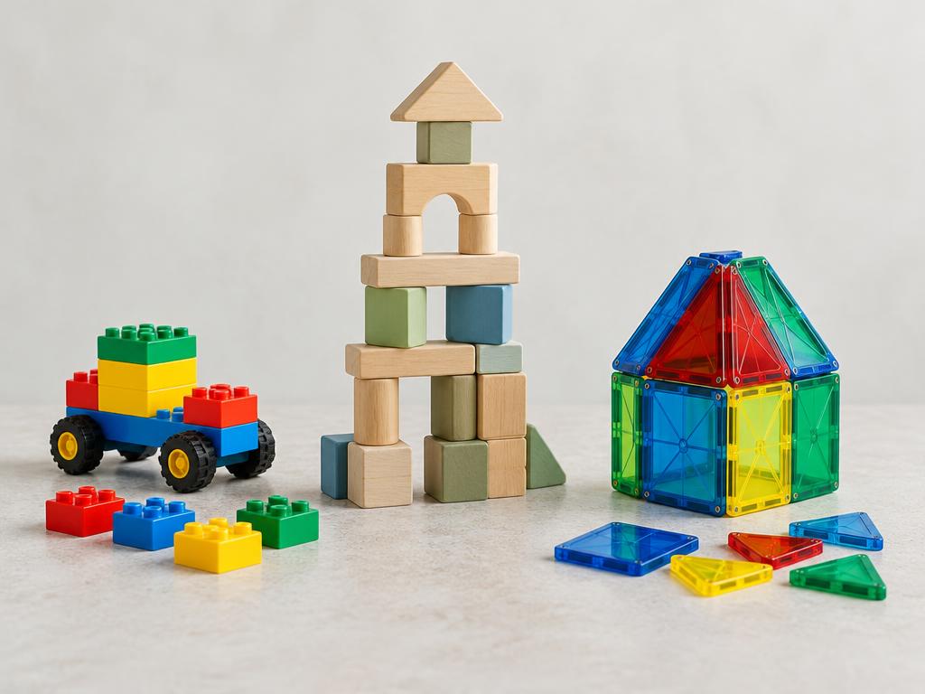 Natural wooden block tower, interlocking plastic brick vehicle and translucent magnetic tile house with loose building pieces