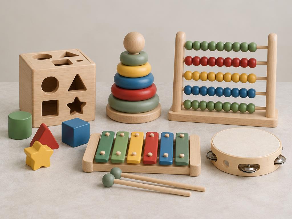 Wooden shape sorter and geometric blocks, stacking rings, counting abacus, xylophone with mallets and tambourine