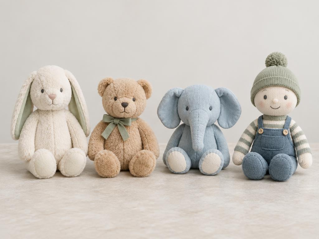 Soft plush rabbit, teddy bear, fabric elephant and knitted character doll with stitched facial features