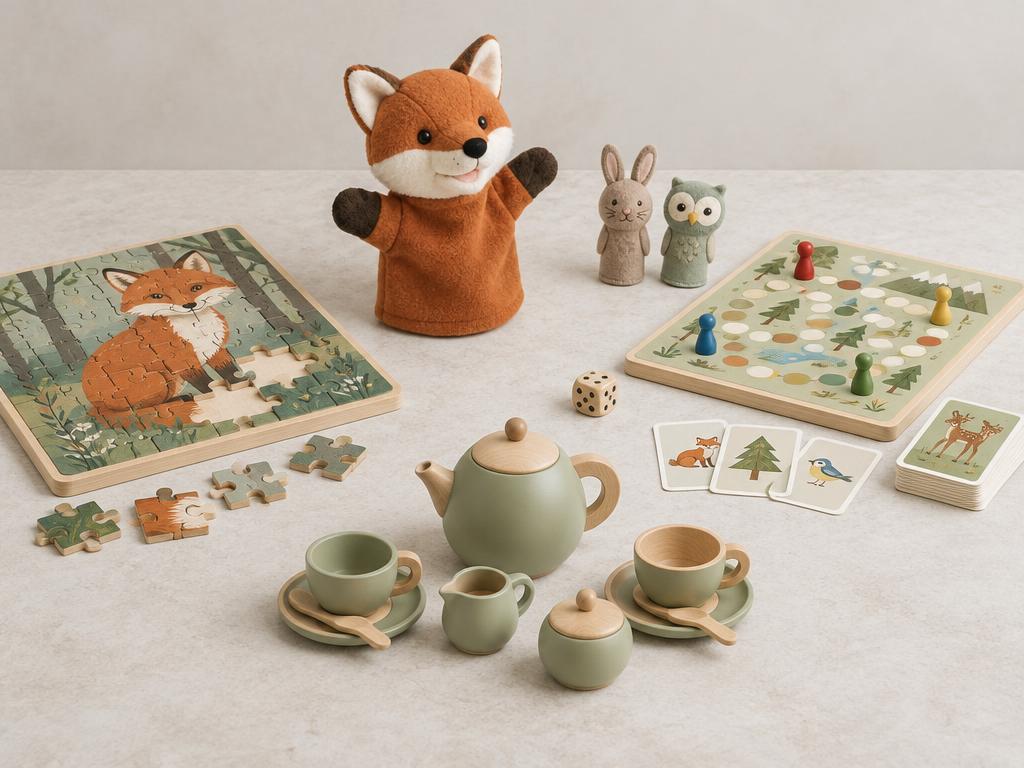Animal jigsaw puzzle, board game with counters and illustrated cards, fox hand puppet, finger puppets and miniature tea set